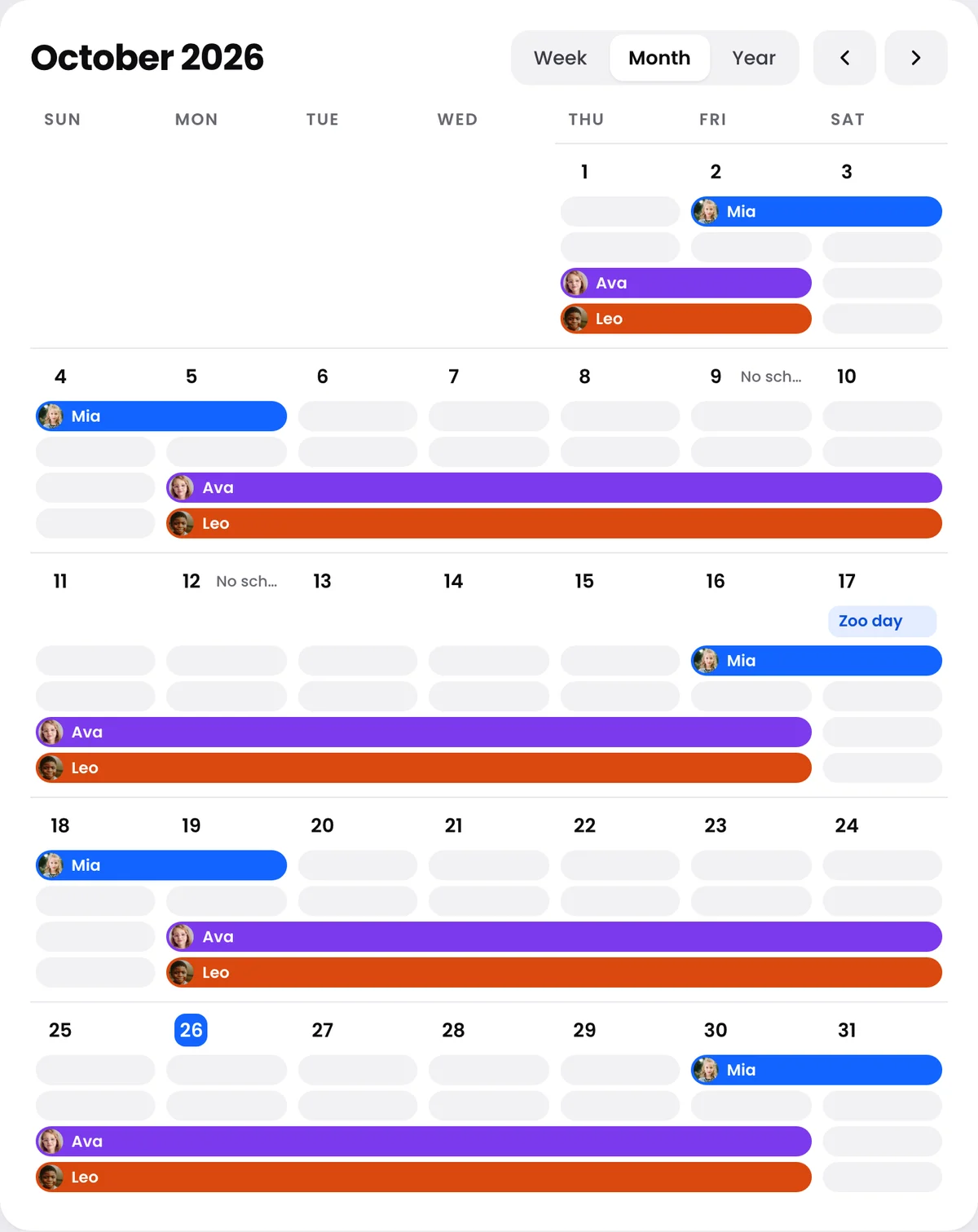 A month in the KidNights calendar with one colored line for each kid