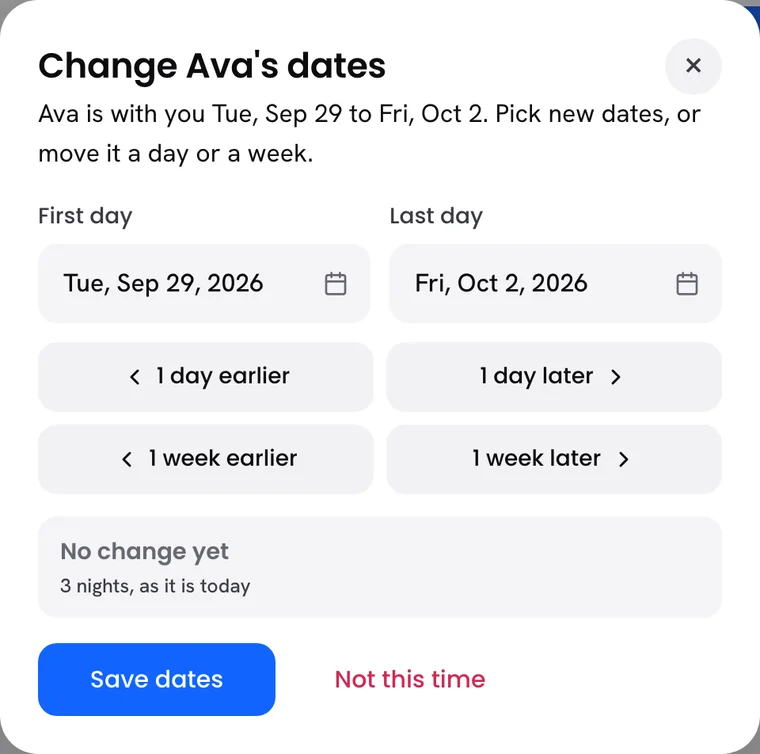 Change Ava's dates: pick new dates, or move the stay a day or a week