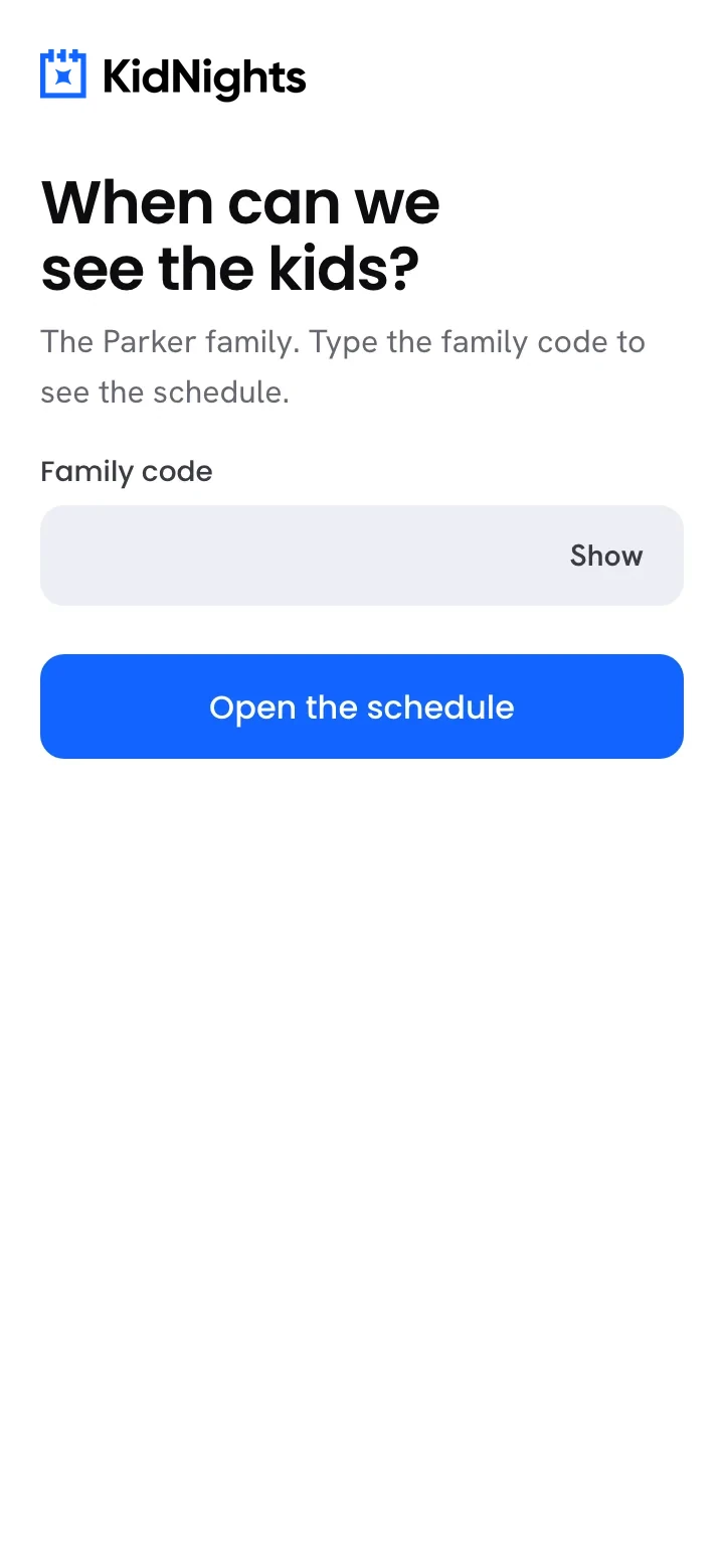 The family code screen in KidNights