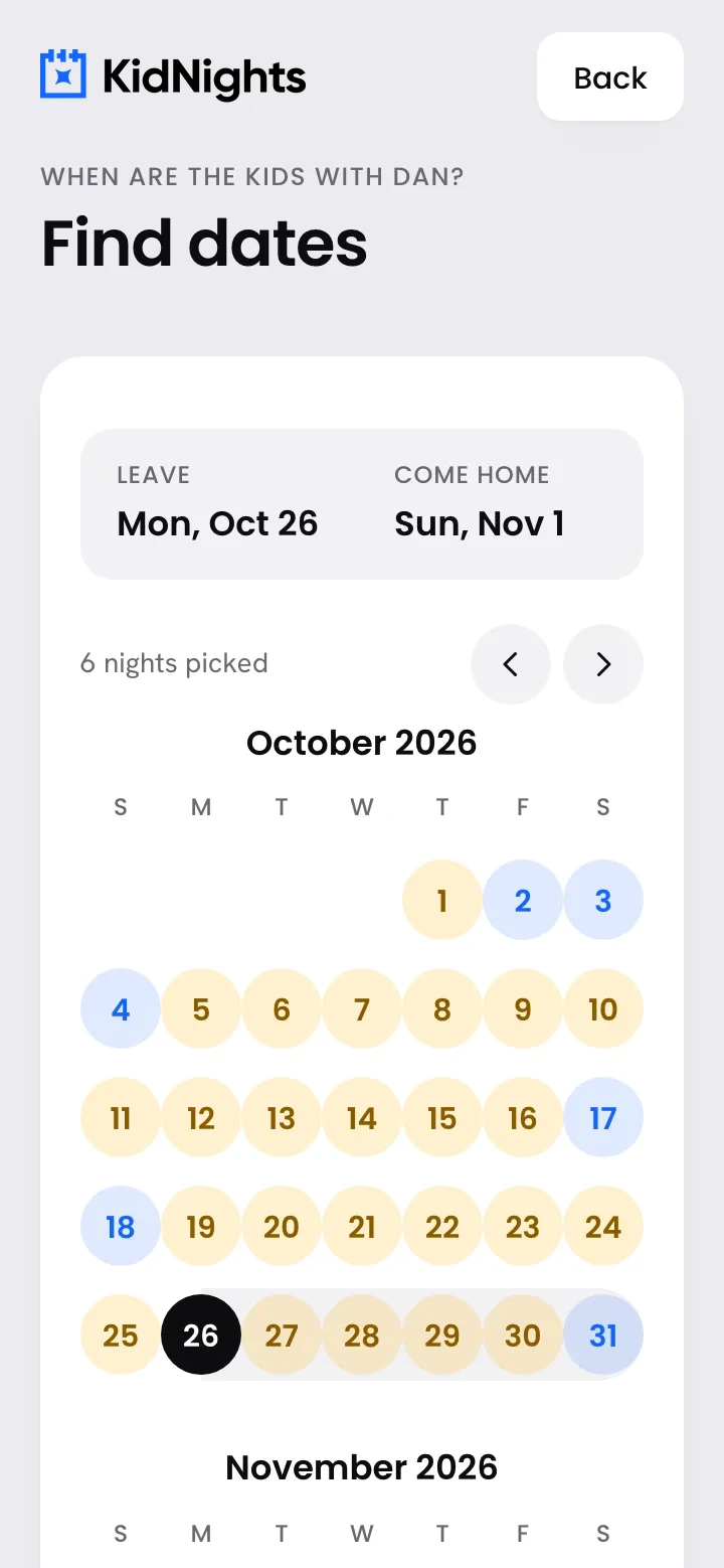 The Find dates screen in KidNights with open weekends listed