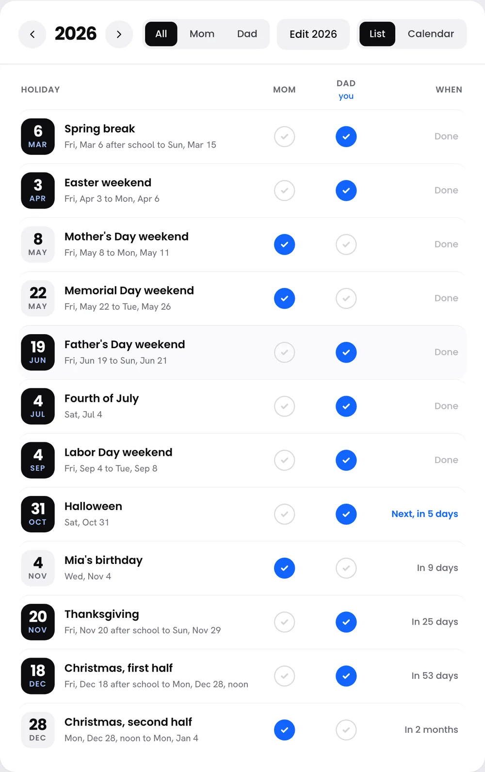 The Holidays screen in KidNights with a year of holidays in Mom and Dad columns