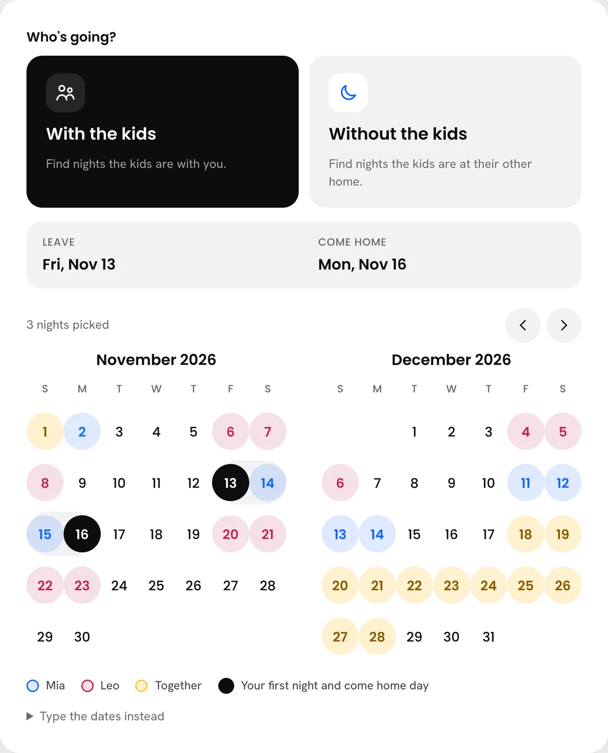The Plan a trip screen in KidNights with nights picked across November